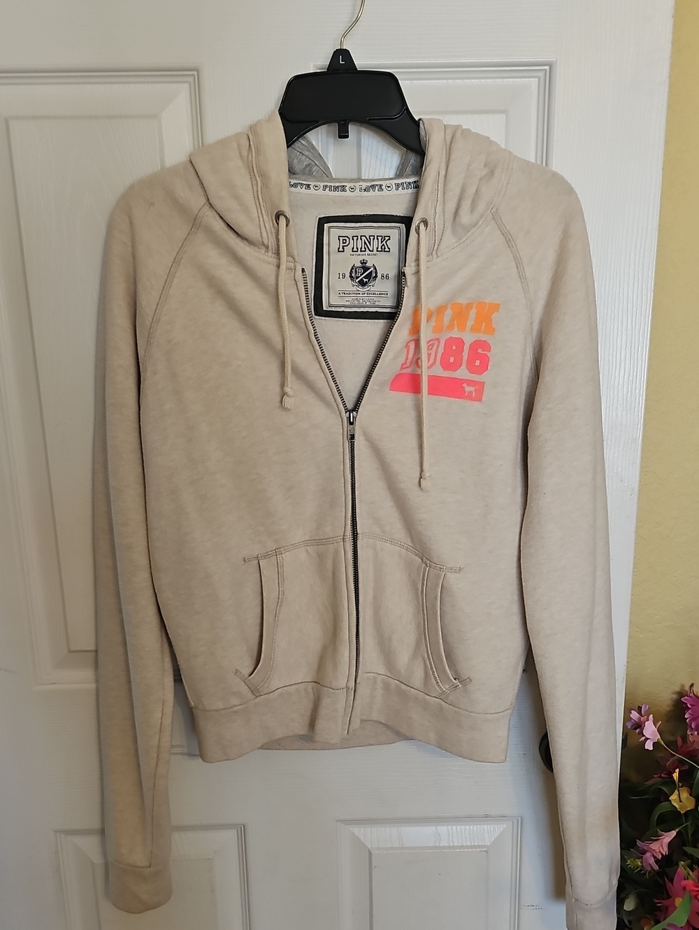 PINK 1986 Beige Zip-Up Hoodie with Neon Logo